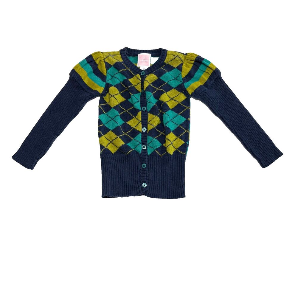 Vintage Old Navy Cardigan Girls Y2K Cozy Button Argyle Stripe Preppy Size 2T